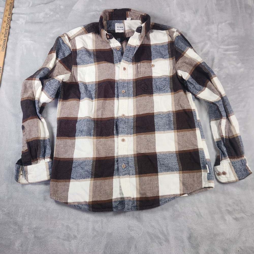 ROWM Portuguese‎ Flannel Mens Medium Brown Beige Plaid Long Sleeve Cabincore